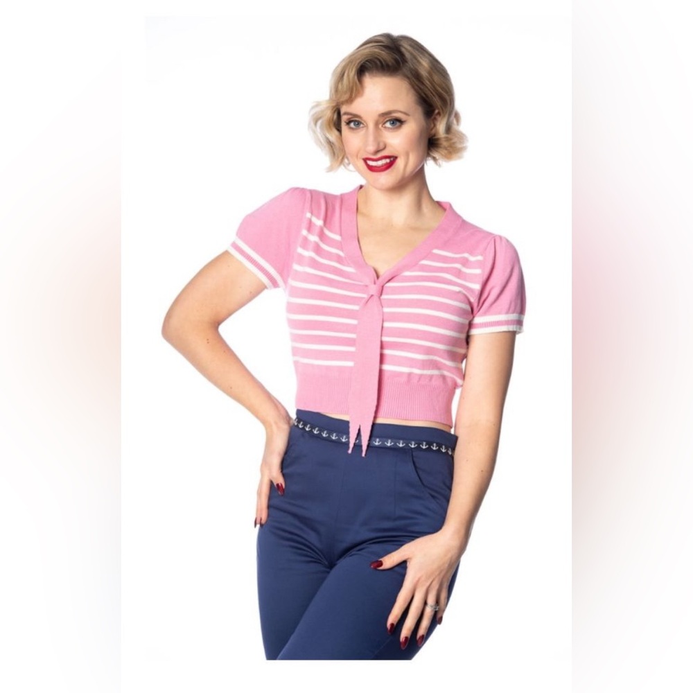 Banned Retro 1950's Sailor Stripe Nautical Crop Knit Top Pink Size Small